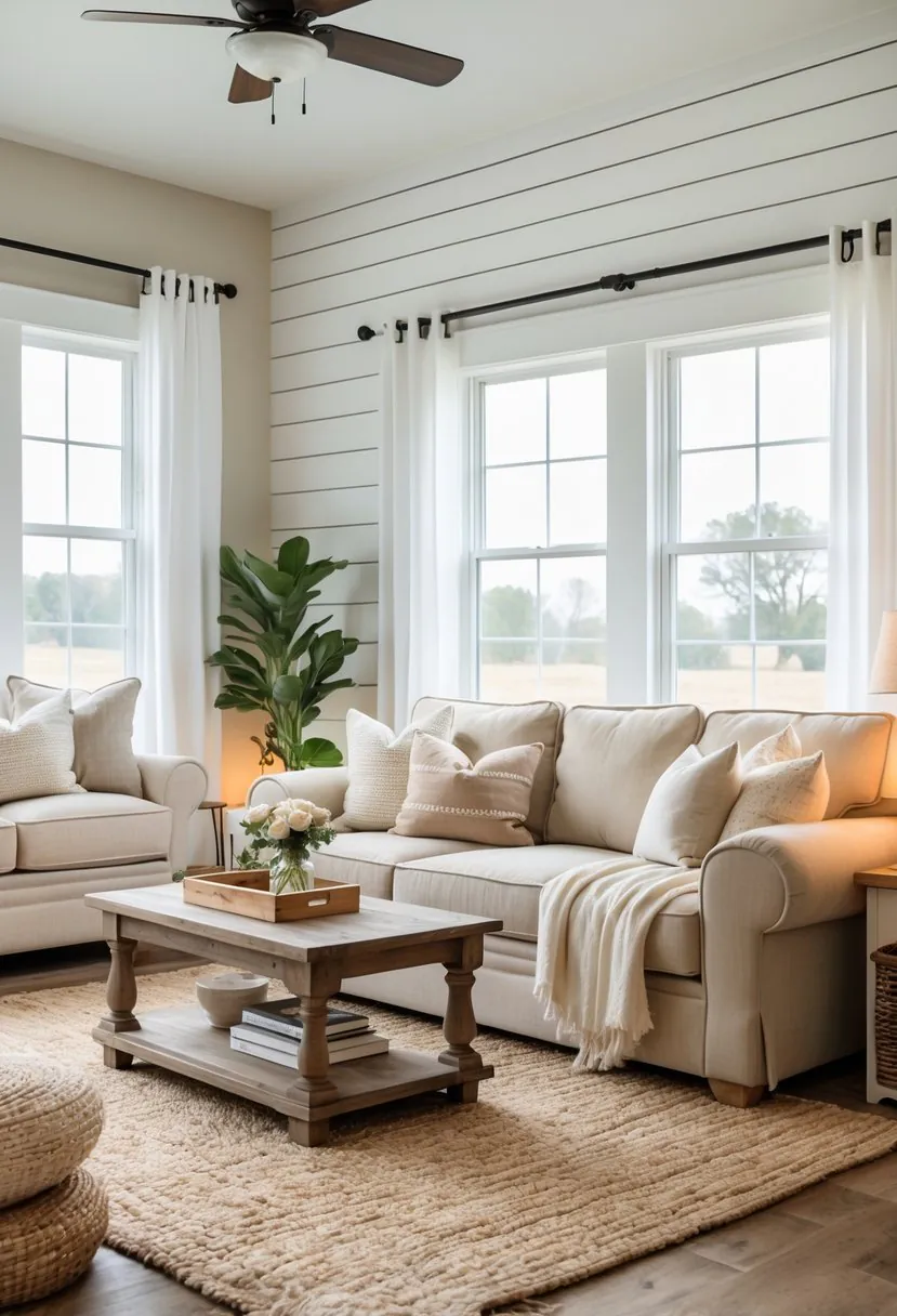 Living room with a white shiplap accent wall, beige sofa, wooden coffee table, plants, and natural light.