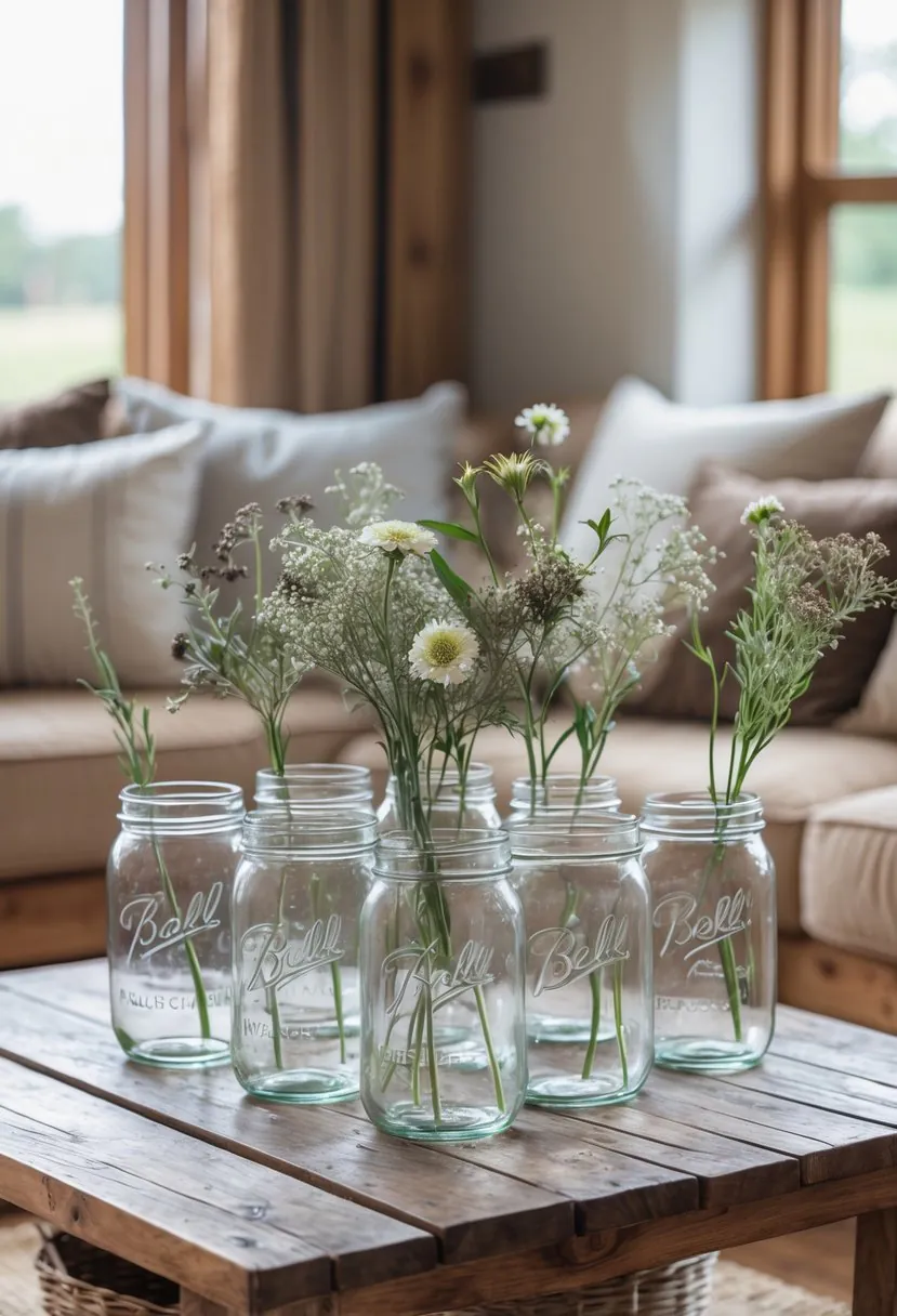 A living room with mason jars filled with flowers on a wooden surface surrounded by furniture and soft natural light.