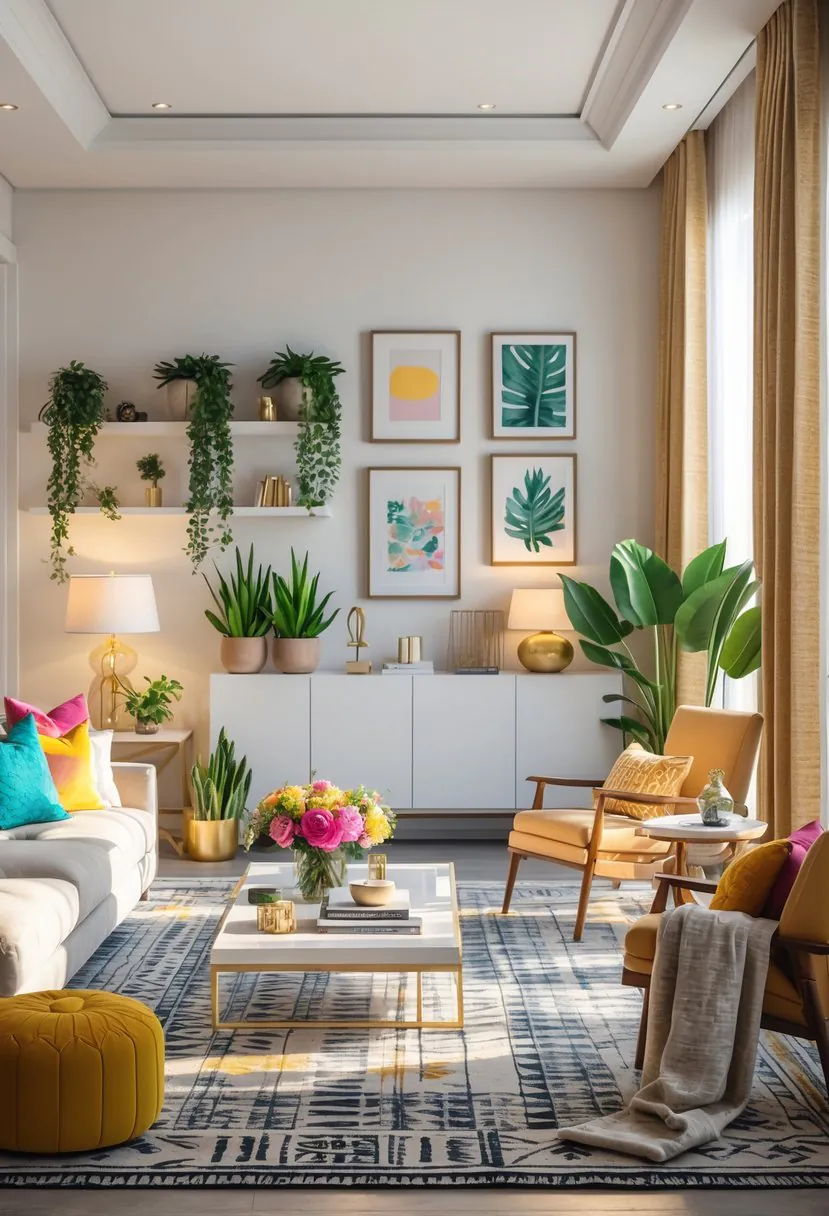 A bright living room with a sofa, coffee table, area rug, lamps, framed art, indoor plants, bookshelf, curtains, media console, and a reading nook.