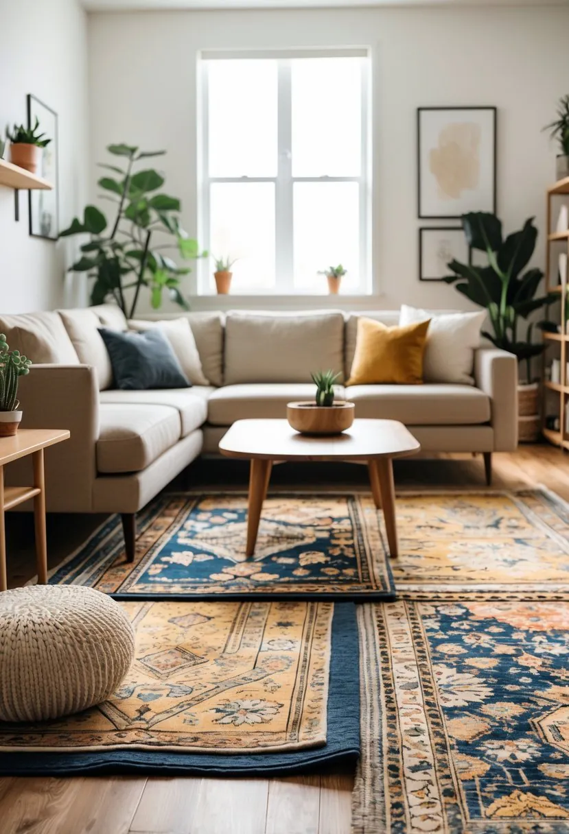 Living room with a sofa, coffee table, and layered area rugs on a hardwood floor.