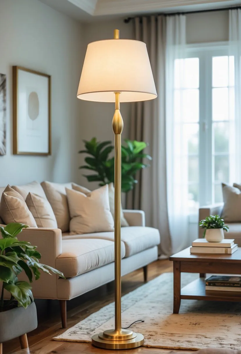 A living room with a brass floor lamp next to a sofa, a coffee table, and large windows letting in natural light.
