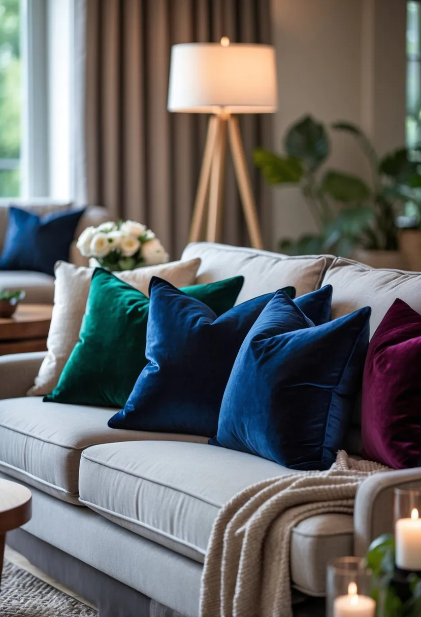 A living room sofa with several colorful velvet throw pillows arranged neatly, surrounded by a coffee table with flowers and soft lighting.