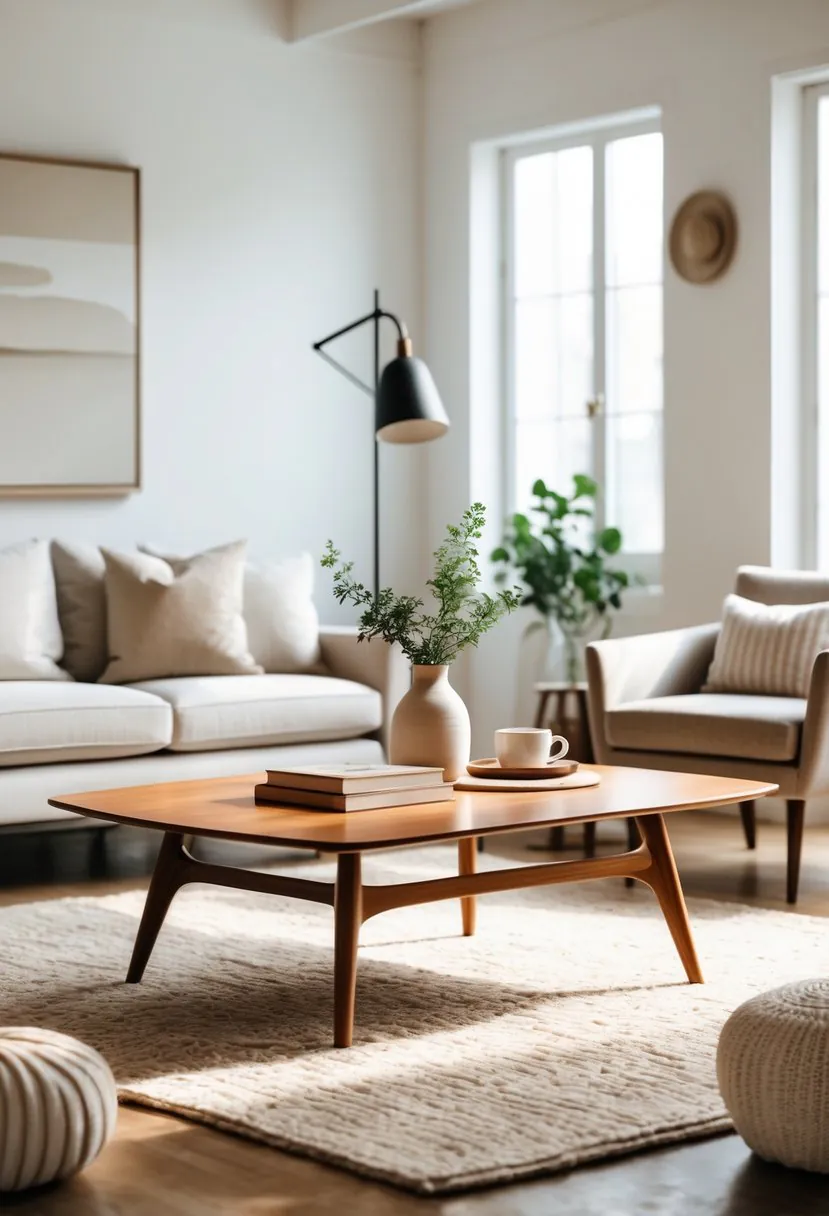 A living room with a wooden coffee table, sofa, armchair, floor lamp, and decorative items in a bright, airy space.
