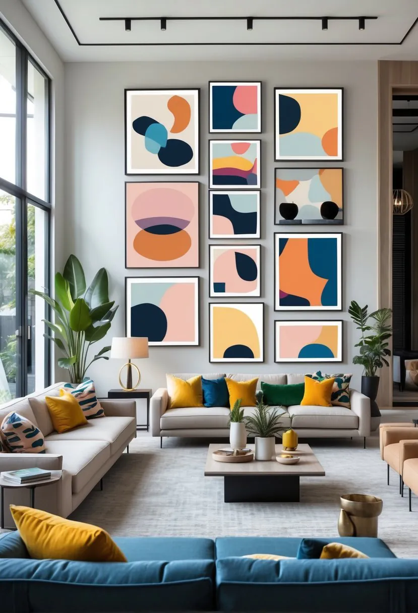 A modern living room with a sofa, coffee table, indoor plants, and multiple colorful abstract art prints displayed on the walls.