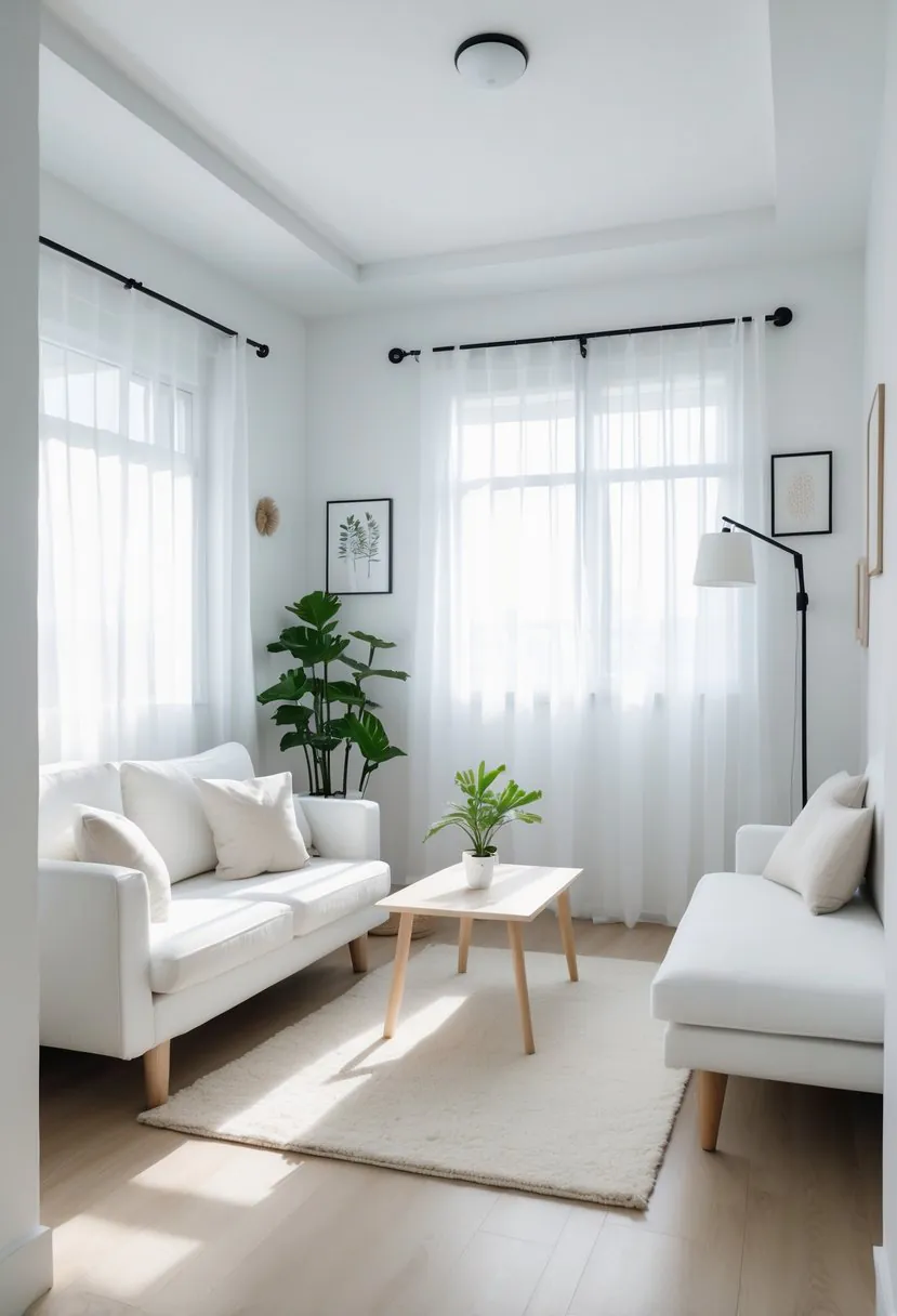 A small white living room with a white sofa, coffee table, green plant, and natural light coming through windows.