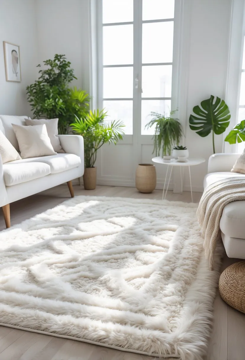 A small living room with white furniture and textured white rugs on the floor, illuminated by natural light from large windows.