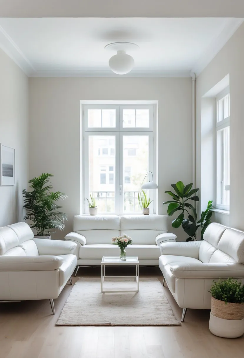 A small living room with white leather sofas, a coffee table, plants, and natural light coming through large windows.