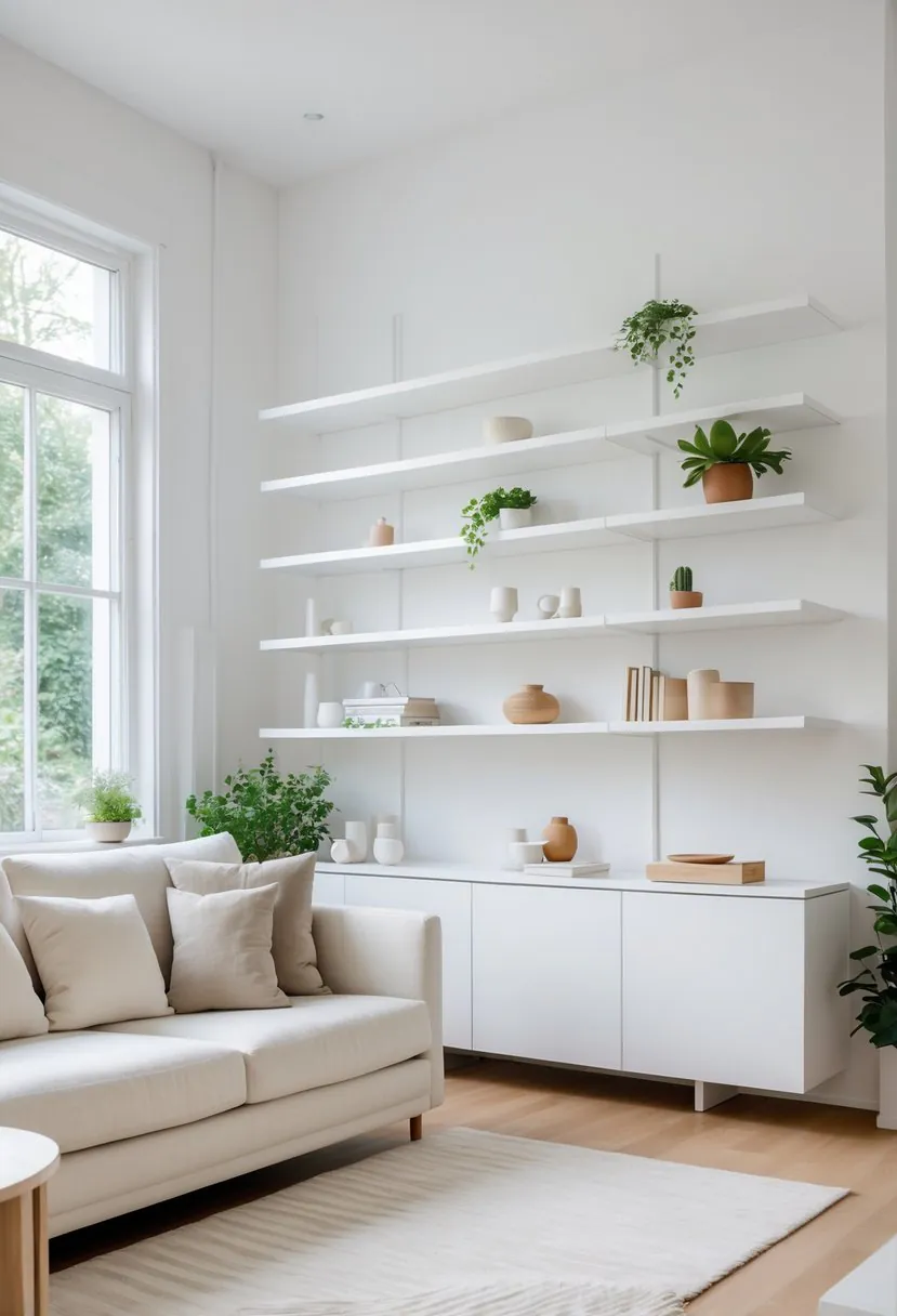 A small living room with white shelving units, a sofa, coffee table, and natural light coming through windows.