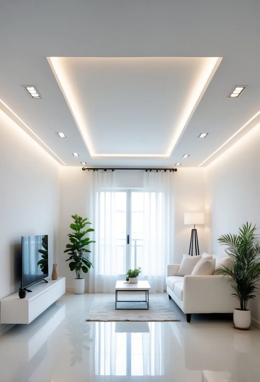 A small white living room with recessed ceiling lights, a white sofa, and minimal furniture.