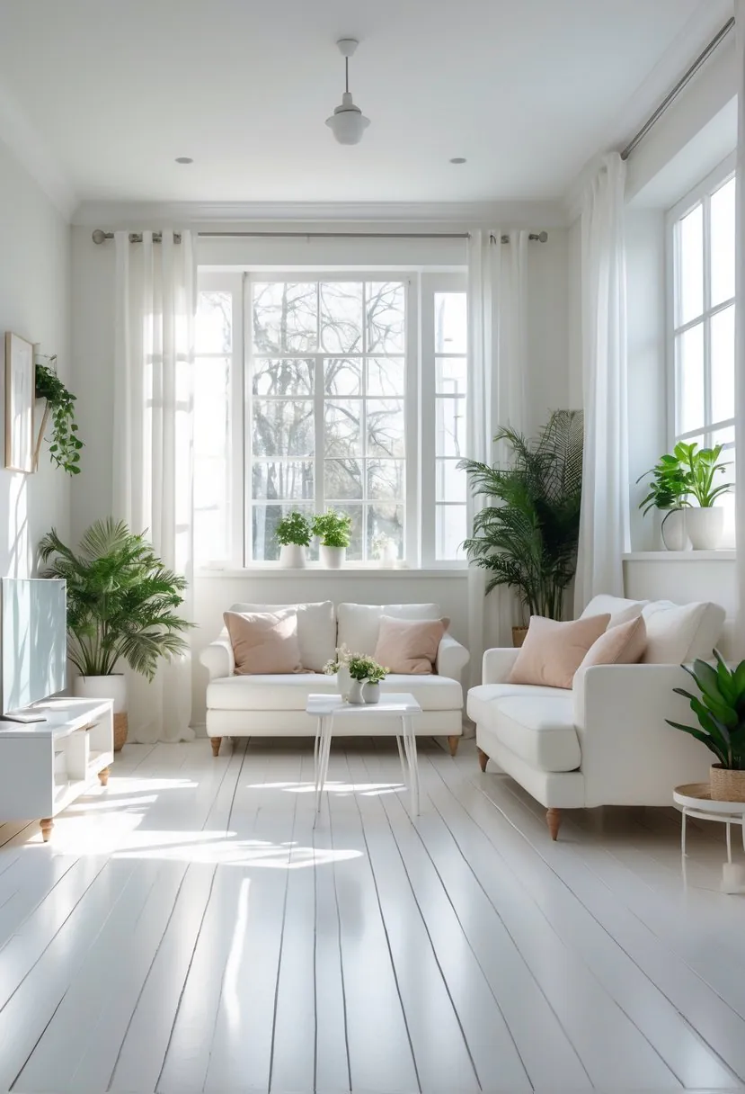 Small living room with white wooden floors, a white sofa, coffee table, and plants near large windows.