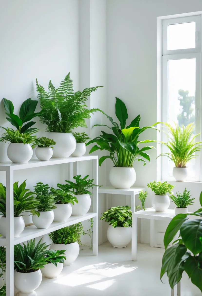 A small white living room with white ceramic pots holding green plants placed around the space.