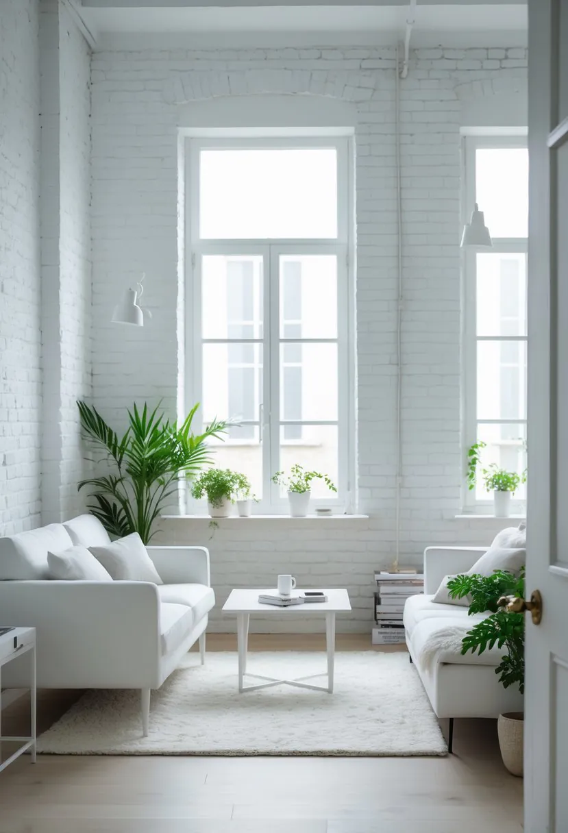 A small living room with whitewashed exposed brick walls, white furniture, wooden floor, and natural light coming through large windows.