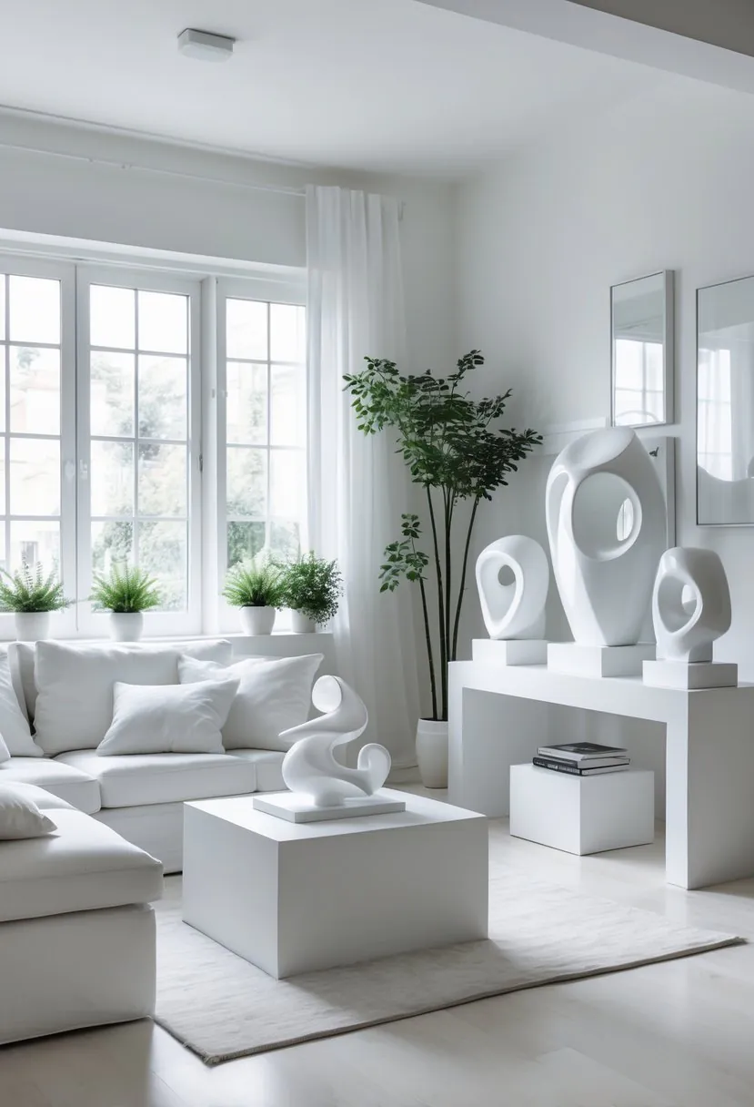 A small white living room with white furniture and abstract white sculptures displayed on shelves and tables.