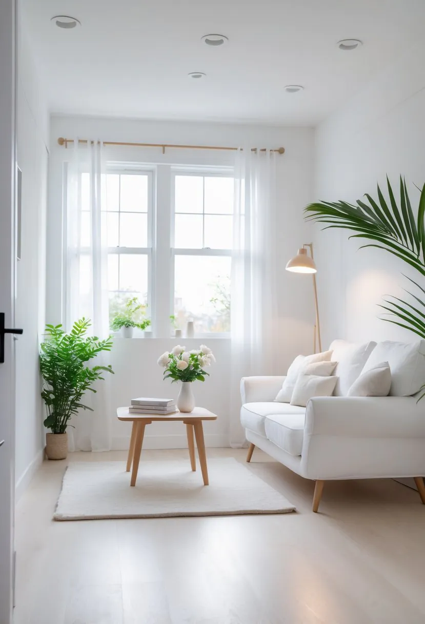 A small white living room with a white sofa, coffee table, plants, and natural light coming through large windows.