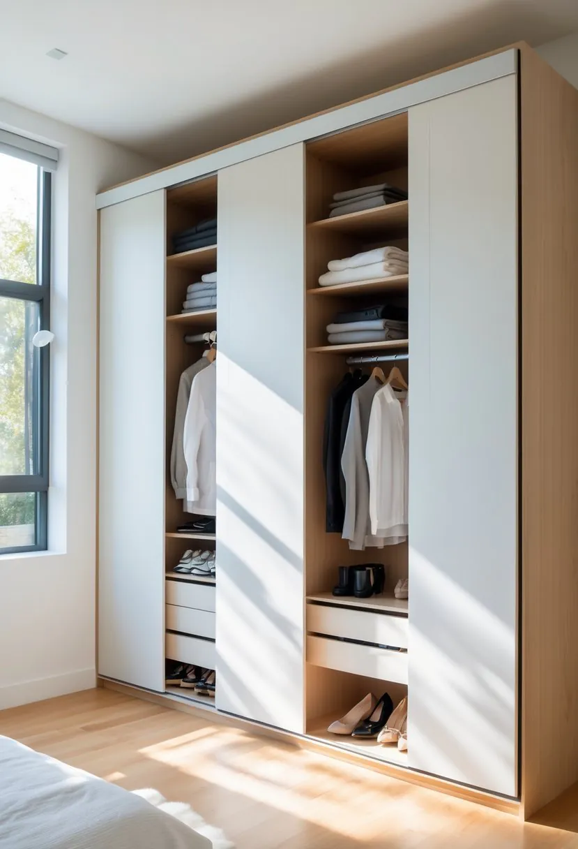 A modern bedroom with built-in wardrobes featuring sliding doors, showing organized clothes and accessories inside.