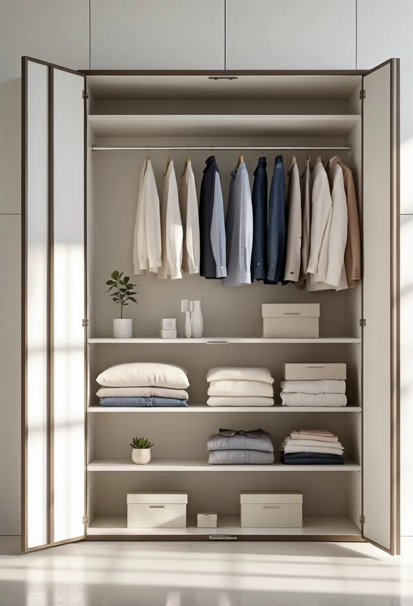 An open wardrobe with neatly organized clothes hanging and folded on shelves in a bright and spacious room.