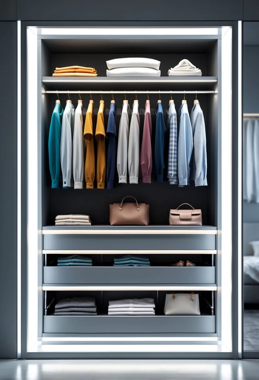 Open wardrobe with neatly organized clothes and integrated LED lighting illuminating the interior.