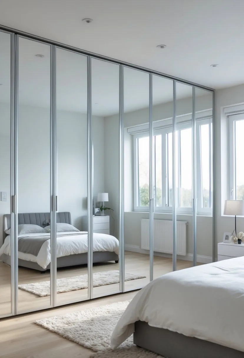 A bright bedroom with floor-to-ceiling mirrored wardrobe doors reflecting the room, showing a bed and bedside table.