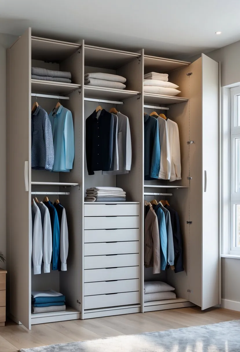 A spacious bedroom with an open modular wardrobe showing organized clothes and shelves.