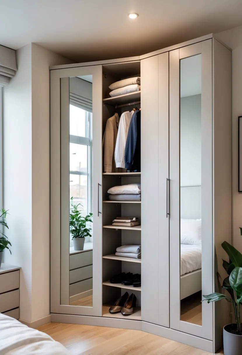 A bedroom corner with compact corner wardrobe units featuring mirrored doors and open shelves, neatly organized with clothes and accessories.