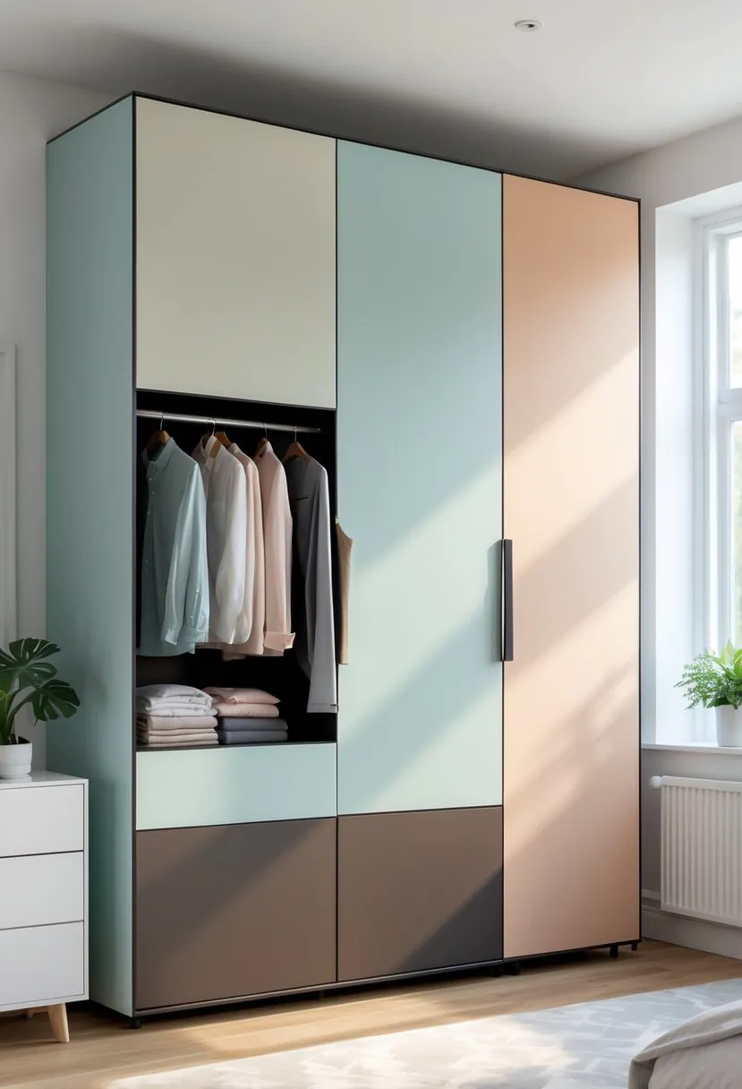 A modern wardrobe with two-tone color block design in a bright bedroom, showing open doors with neatly arranged clothes inside.