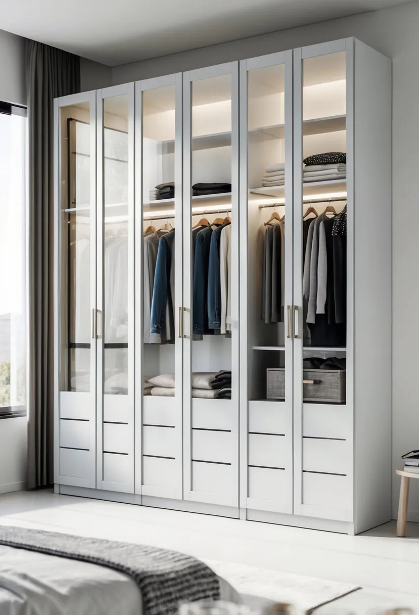 A wardrobe with glass panel doors revealing neatly organized clothes inside in a bright bedroom.