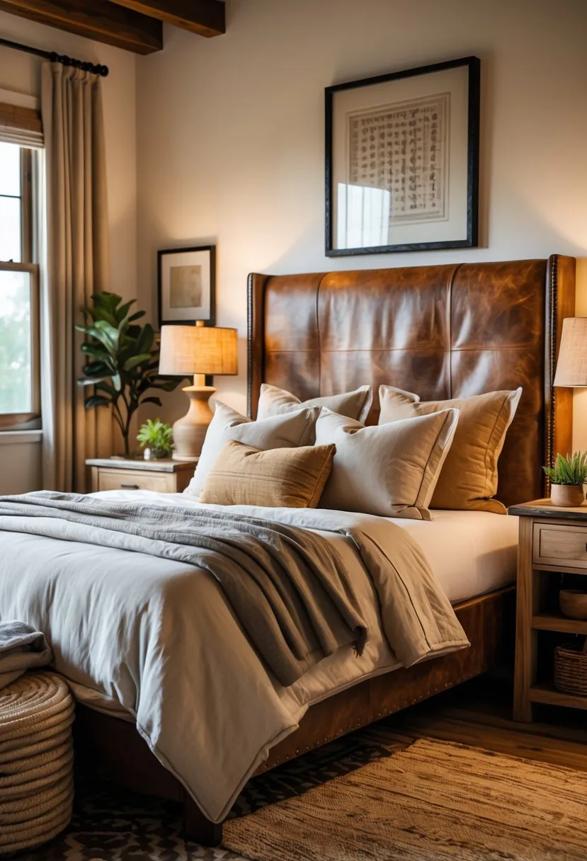 A bedroom with a bed featuring a leather headboard, wooden nightstands, lamps, and decorative plants.