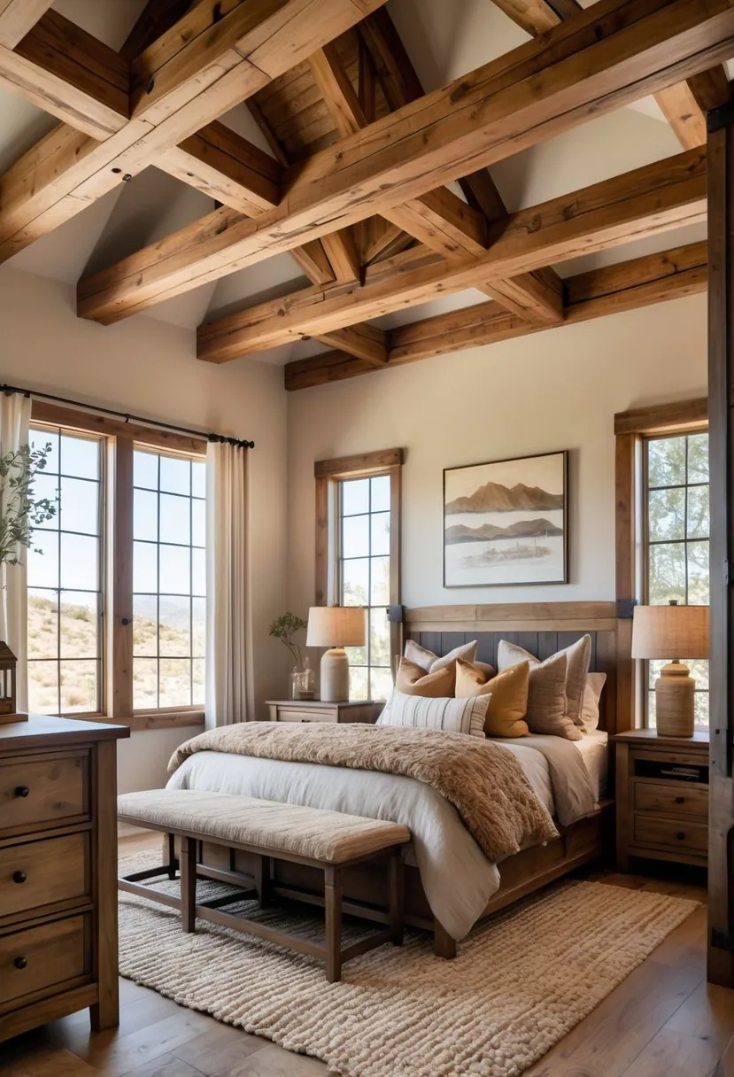 A bedroom with exposed wooden ceiling beams, a bed, wooden furniture, and natural light coming through windows.