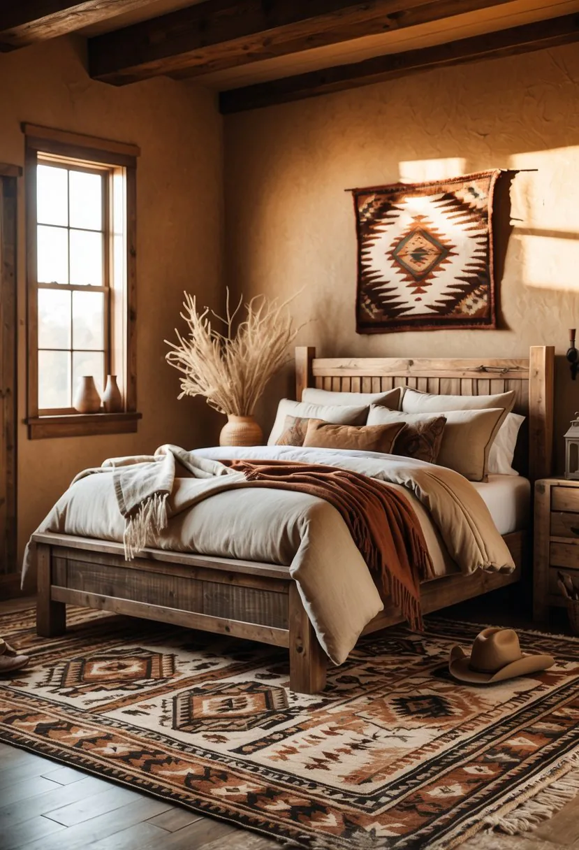 A cozy bedroom with a wooden bed, patterned rugs on the floor, warm natural light, and rustic decor including a nightstand and a chair with a hat.