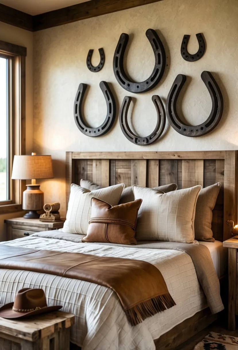 A bedroom with metal horseshoe wall art above the bed, rustic wooden furniture, and warm lighting.
