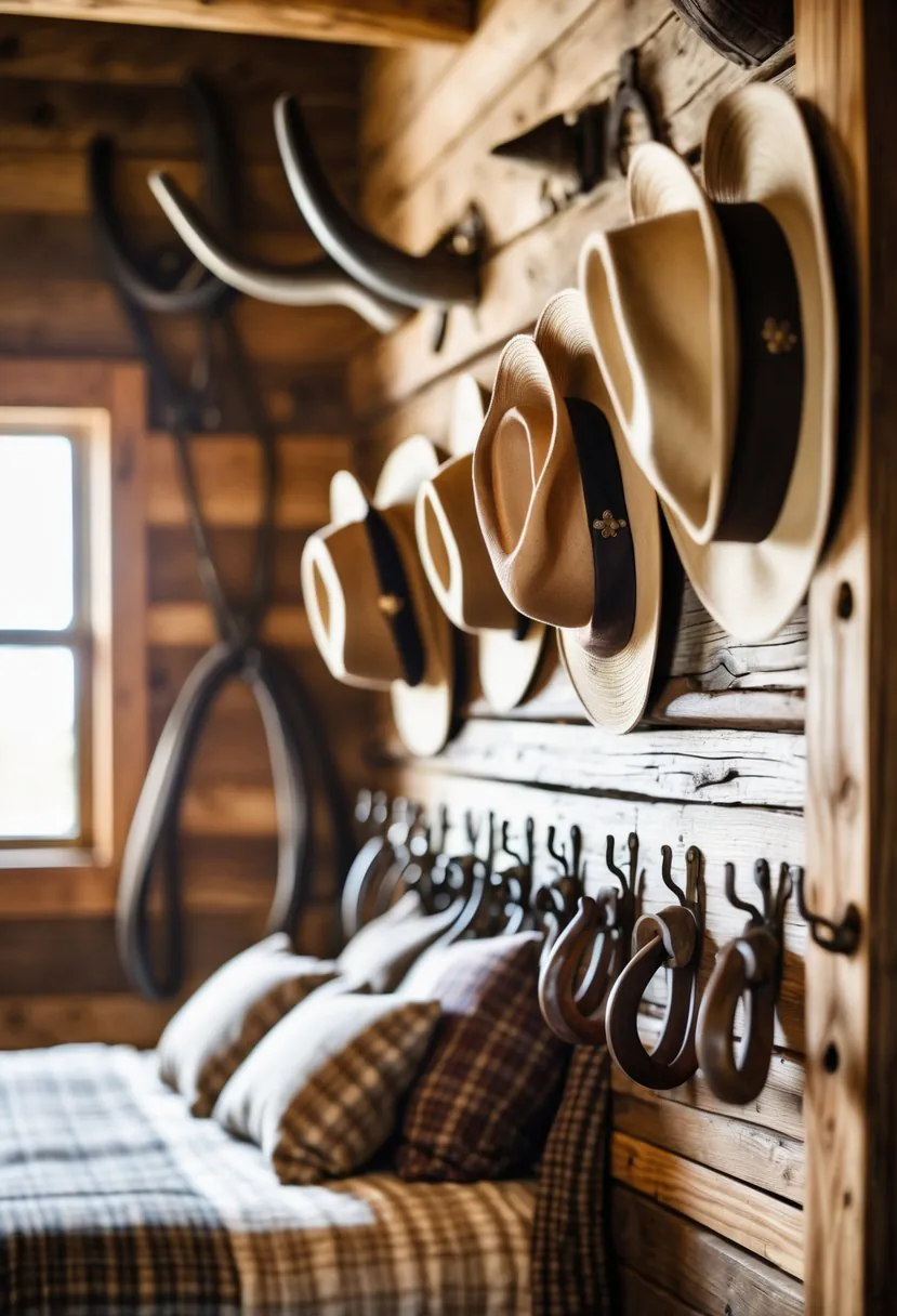 A bedroom wall with several cowboy hats hanging on wooden hooks and a cozy bed nearby.