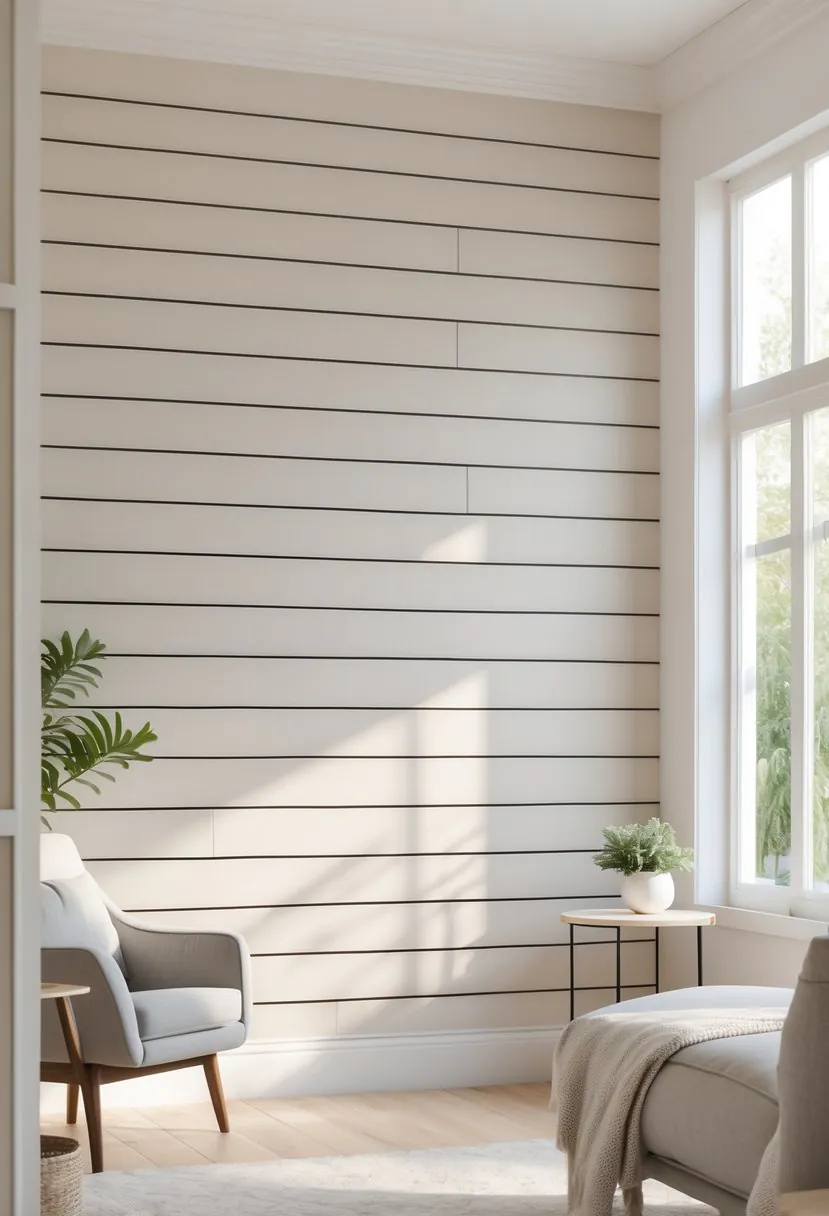 Interior view of a bright living room with a wall covered in horizontal wooden panels and simple furniture nearby.