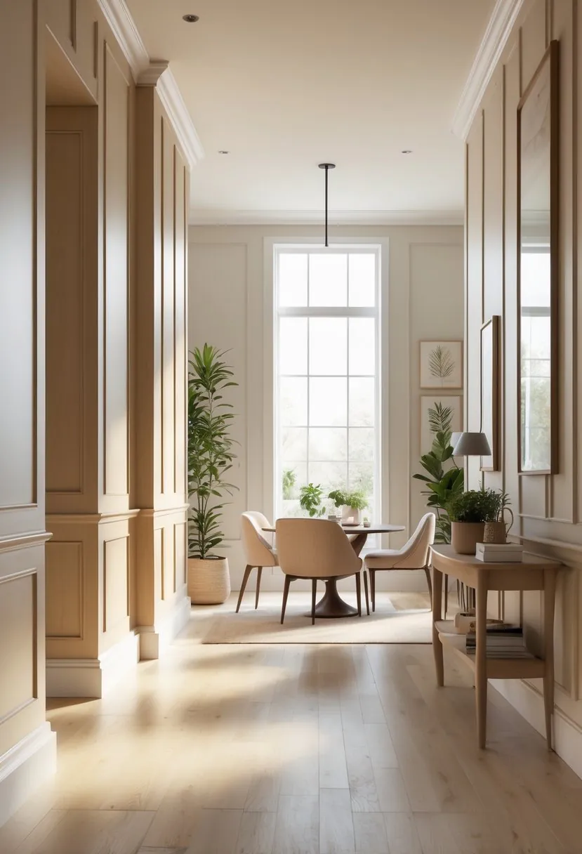Interior room with wooden wall panels and modern furniture in natural light.