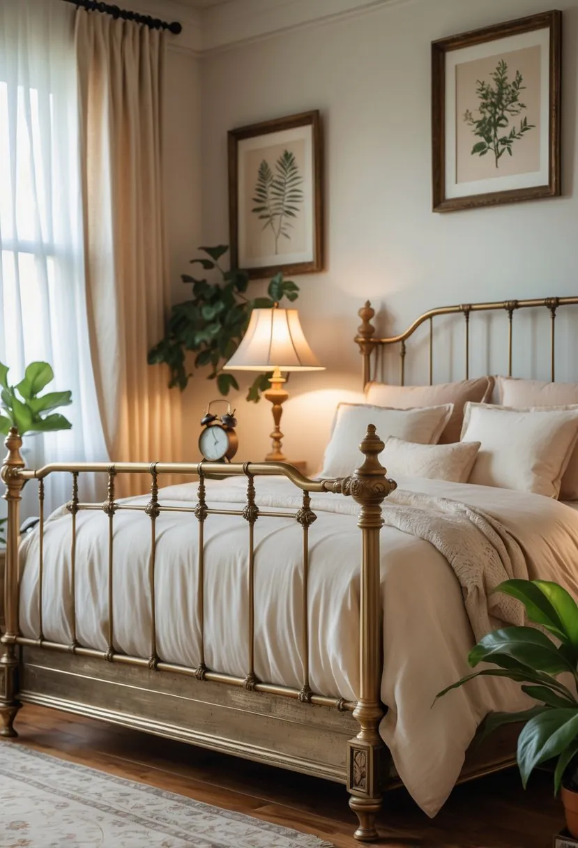 A cozy bedroom with an antique brass bed frame, soft bedding, wooden nightstands, warm lighting, and decorative plants.