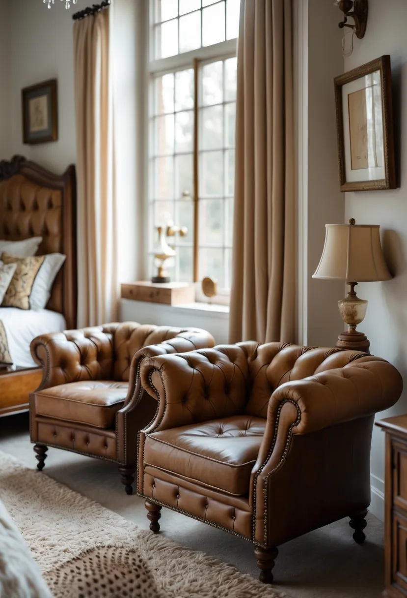 A bedroom with two tufted armchairs near a window, a wooden bed, and warm decorative elements.