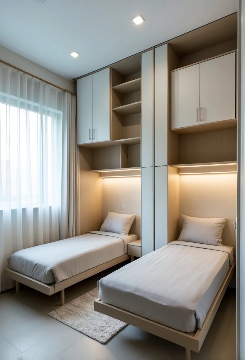 Small twin bedroom with two beds and vertical wall storage shelves mounted above and between the beds.