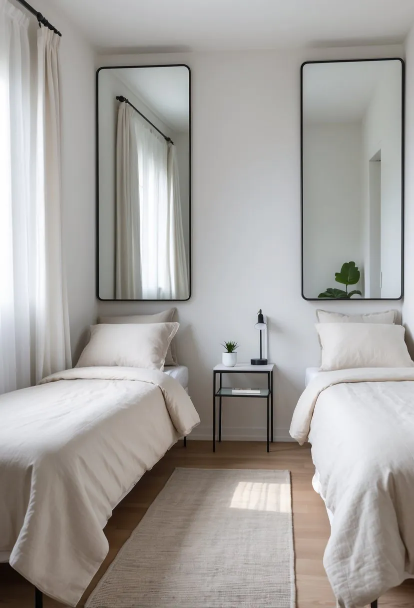 Small twin bedroom with two single beds and full-length mirrors on the wall creating a sense of depth.