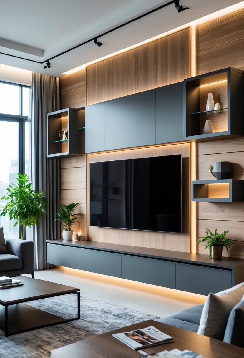 A modern living room with a large flat-screen TV mounted on a stylish feature wall surrounded by shelves, lighting, and contemporary furniture.