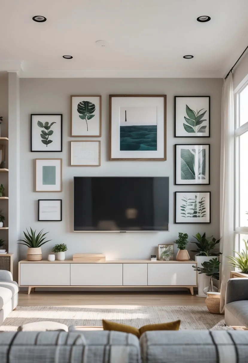 Living room with a flat-screen TV surrounded by framed artwork on the wall.