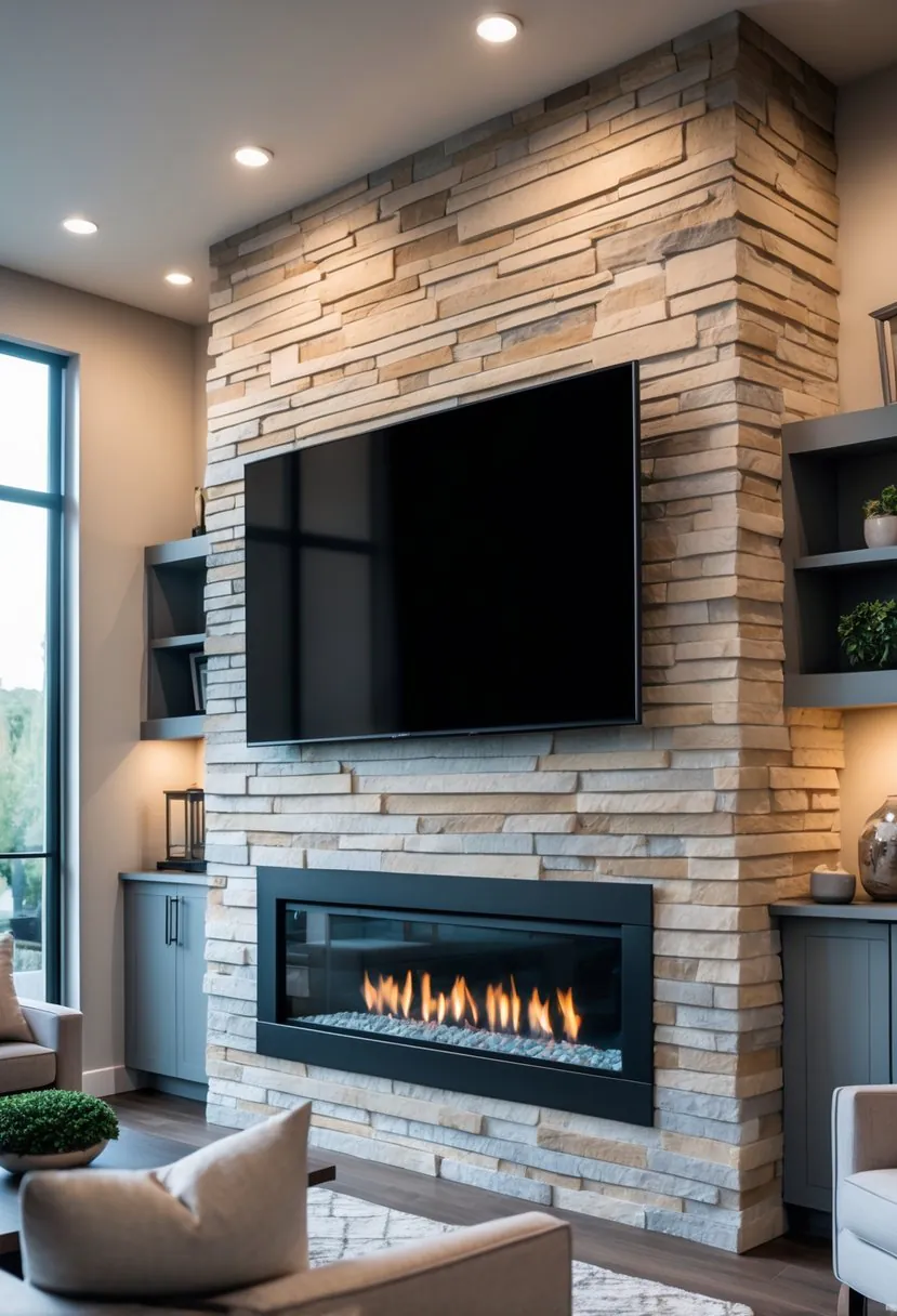 Living room with a stone veneer fireplace wall and a flat-screen TV mounted above the fireplace.