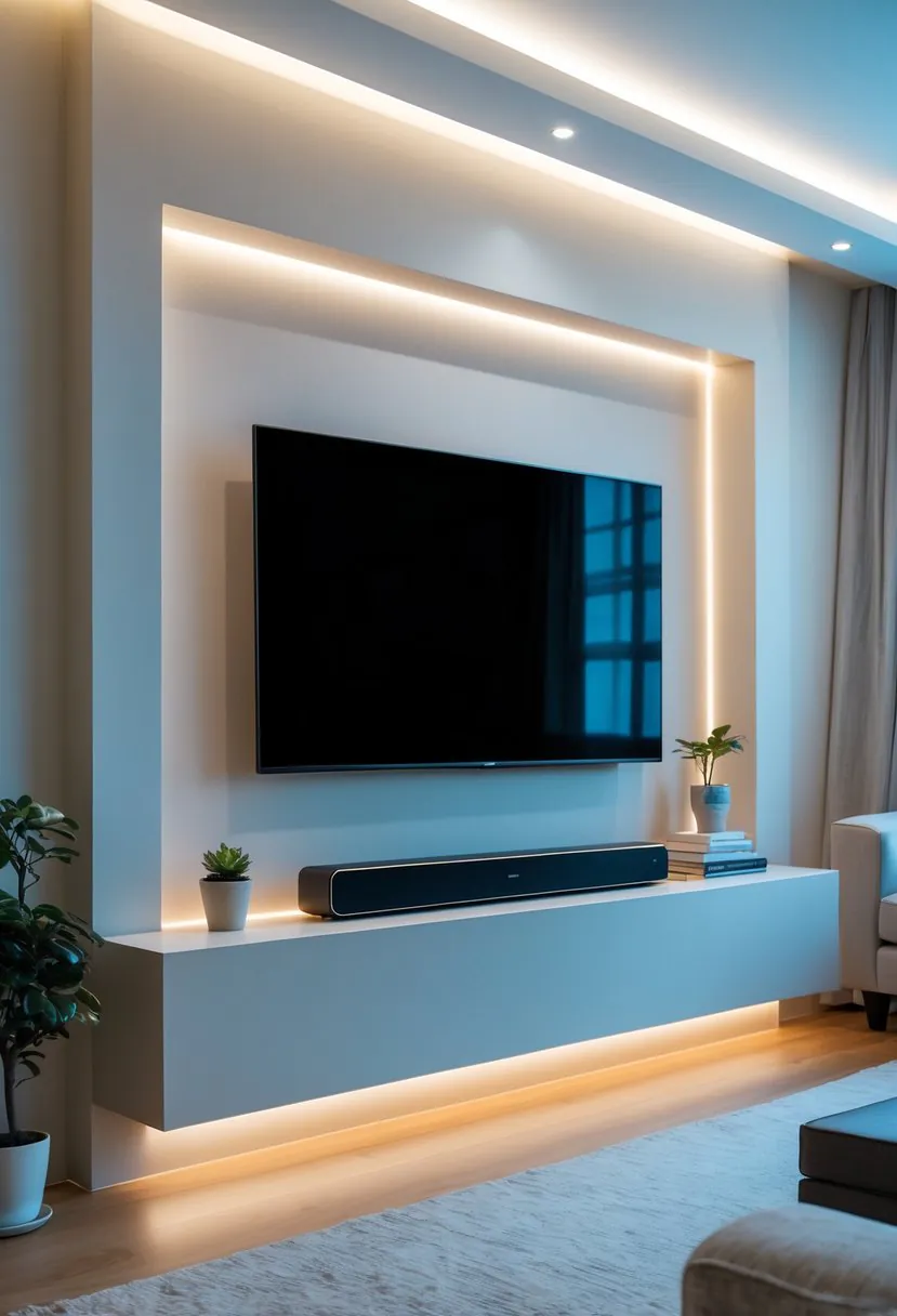 A living room with a recessed wall niche holding a flat-screen TV and a soundbar beneath it.