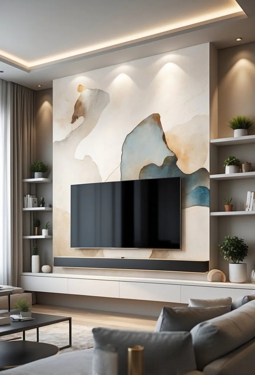 Living room with a large flat-screen TV mounted on a wall featuring a full-wall mural and decorated shelves around it.