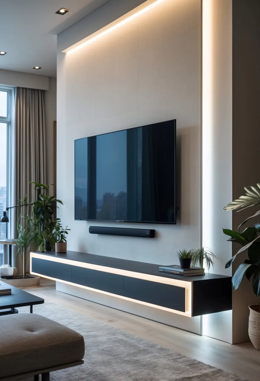 A modern living room with a large flat-screen TV mounted on a drywall wall illuminated by soft LED backlighting, surrounded by minimal furniture and natural light.