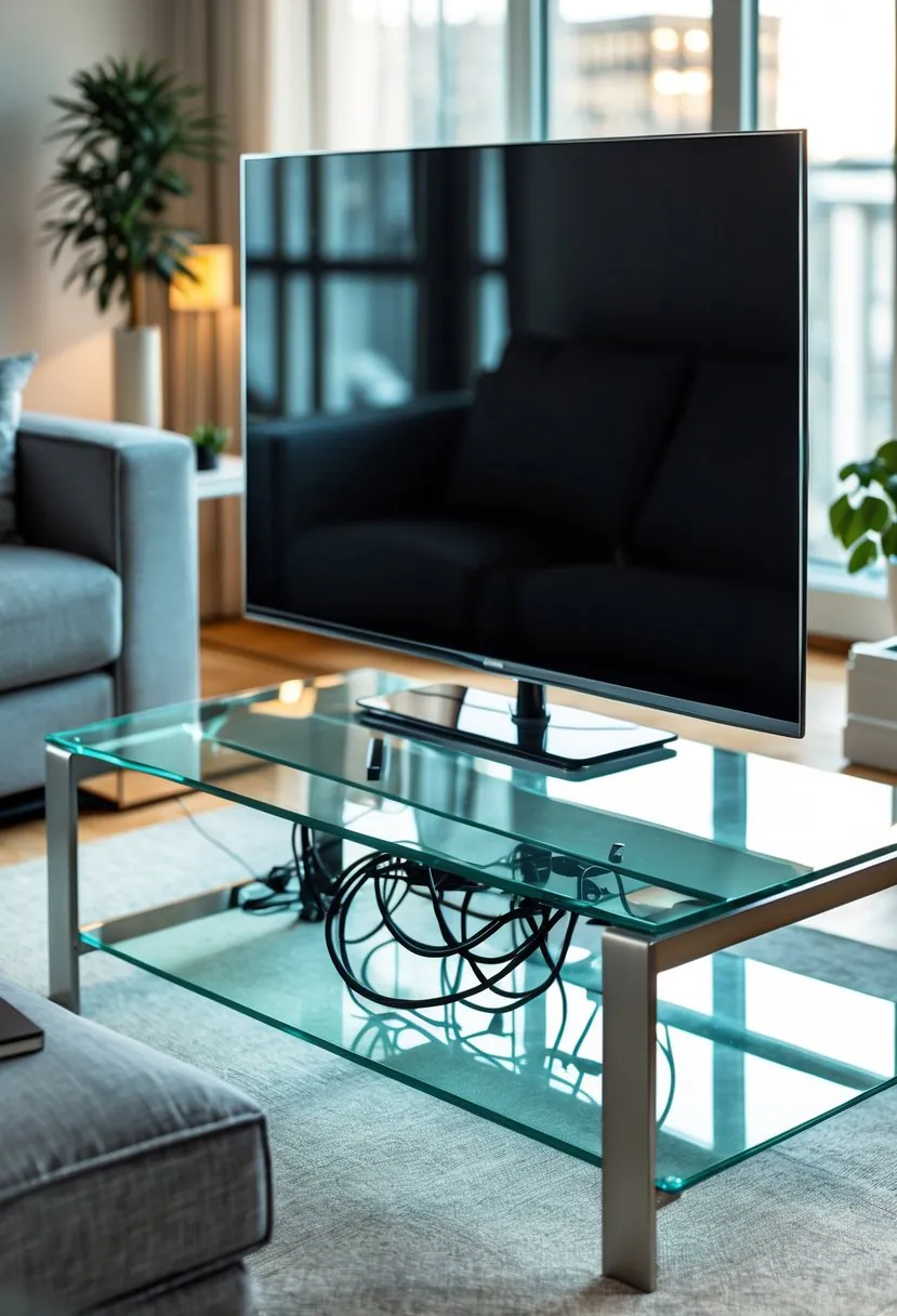 Living room with a glass top TV table holding a flat-screen television and neatly hidden cables.
