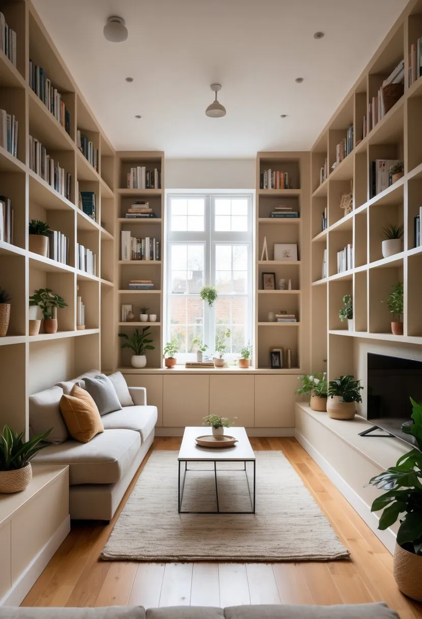 A terraced house living room with built-in shelving filled with books and plants, a sofa, coffee table, and a large window letting in natural light.