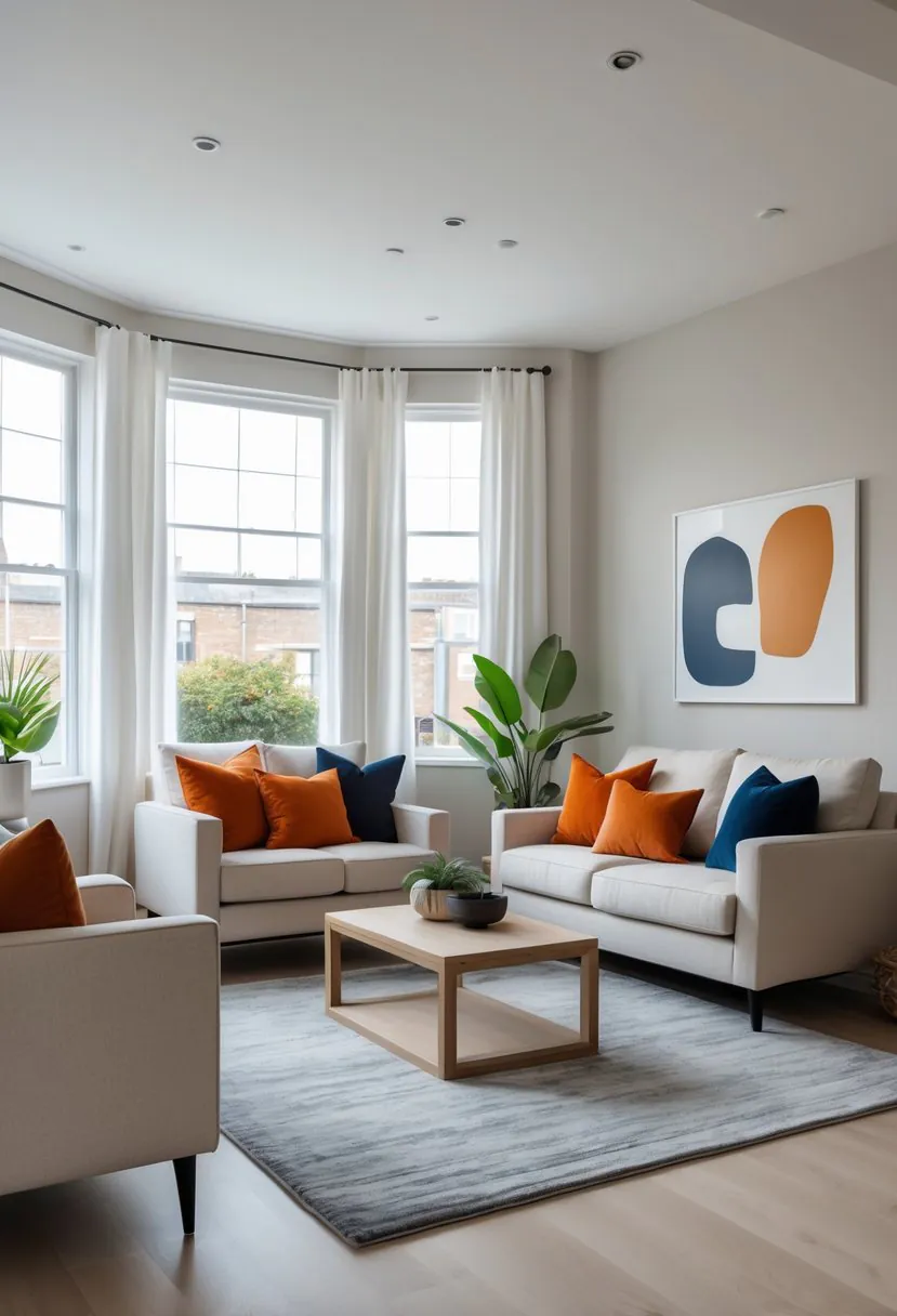 Living room with beige sofa, colorful cushions, wooden coffee table, large windows, and indoor plants.