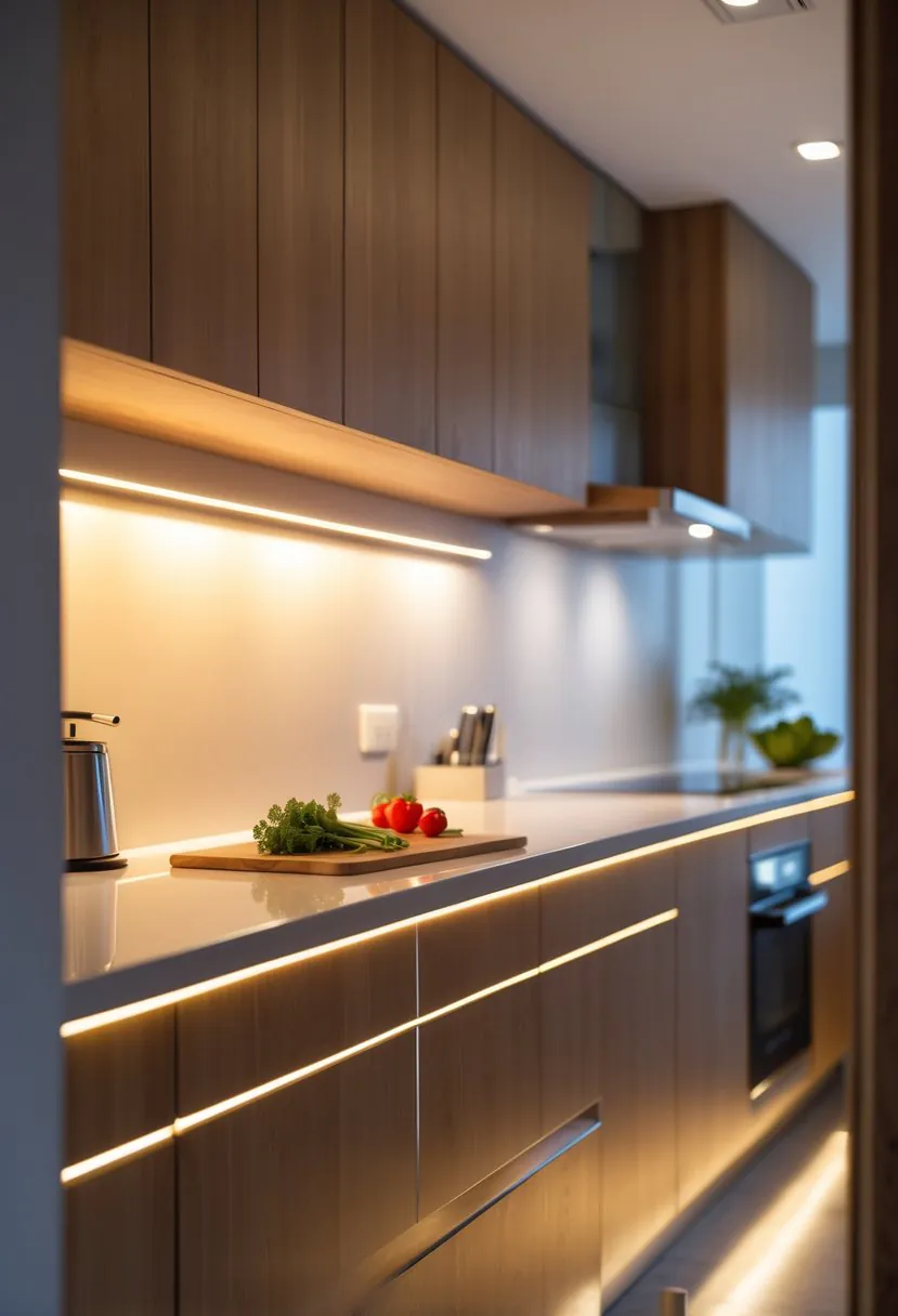 A modern kitchen countertop brightly lit by under-cabinet lights beneath wooden cabinets.