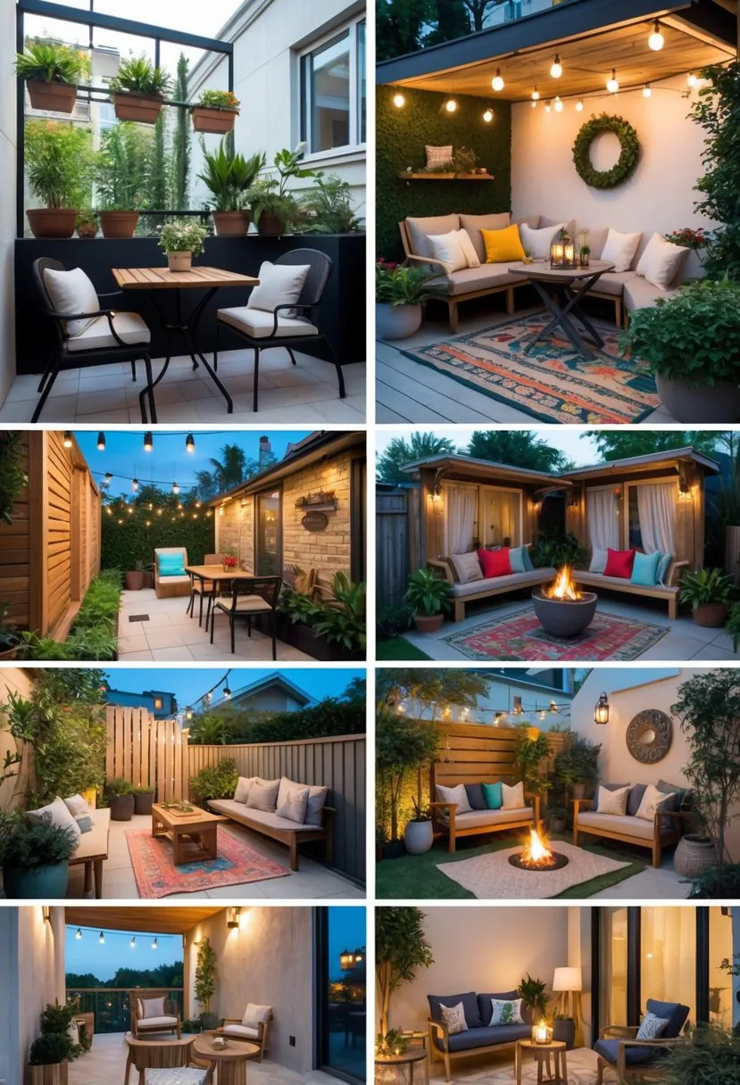 A collage of 18 different small patio designs featuring cozy seating, plants, and decorative lighting.