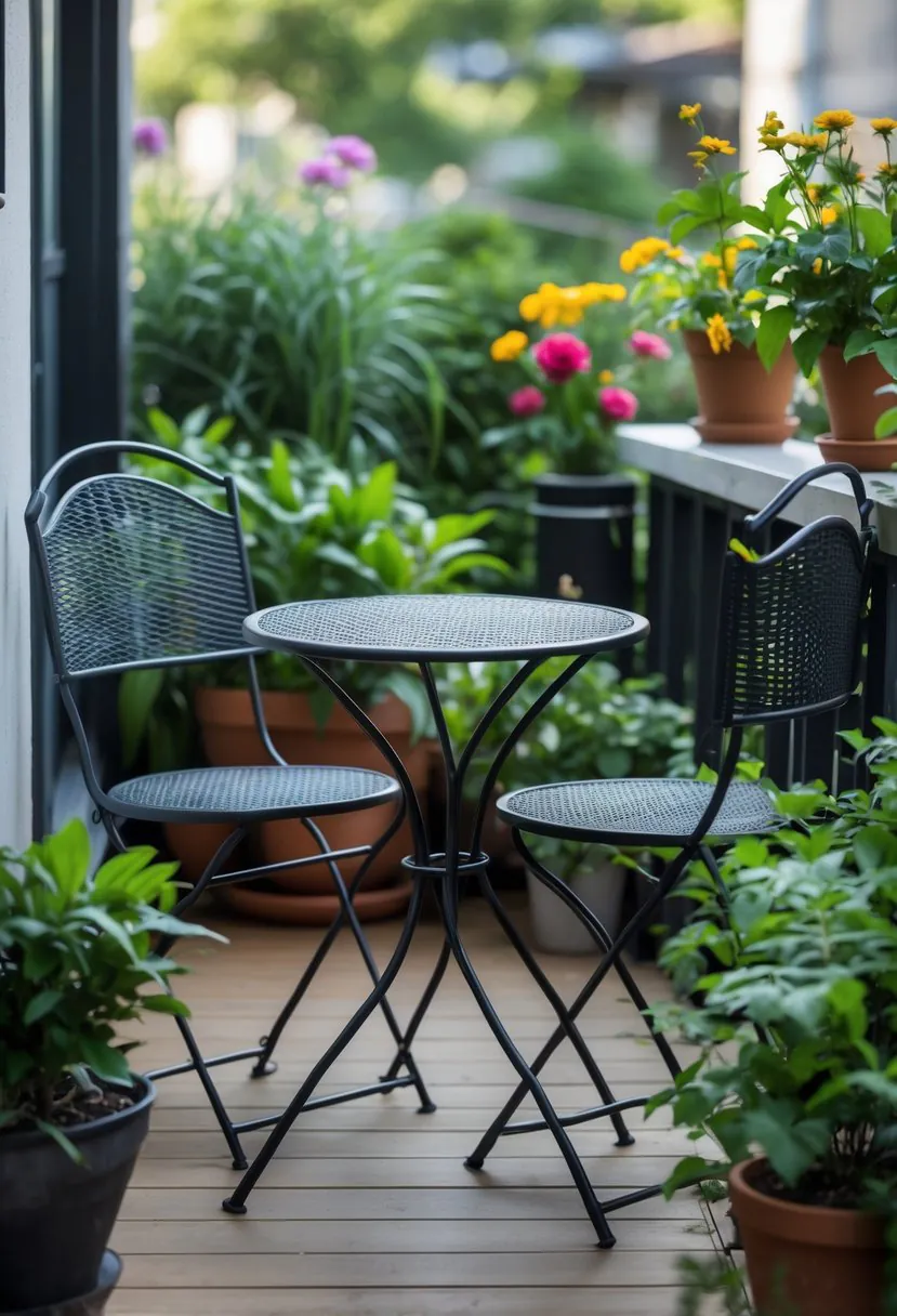 A small patio with a compact bistro table and two chairs surrounded by plants.