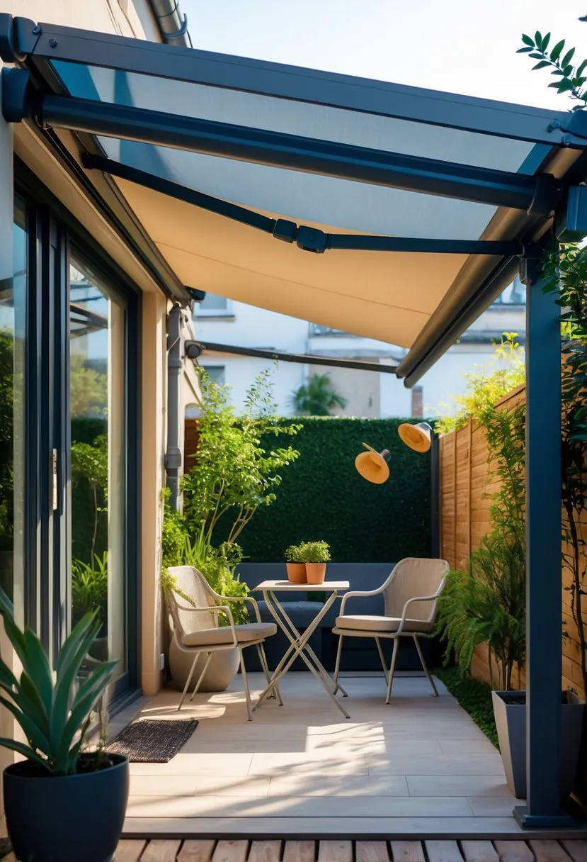 A small patio with a retractable awning, outdoor seating, and potted plants.